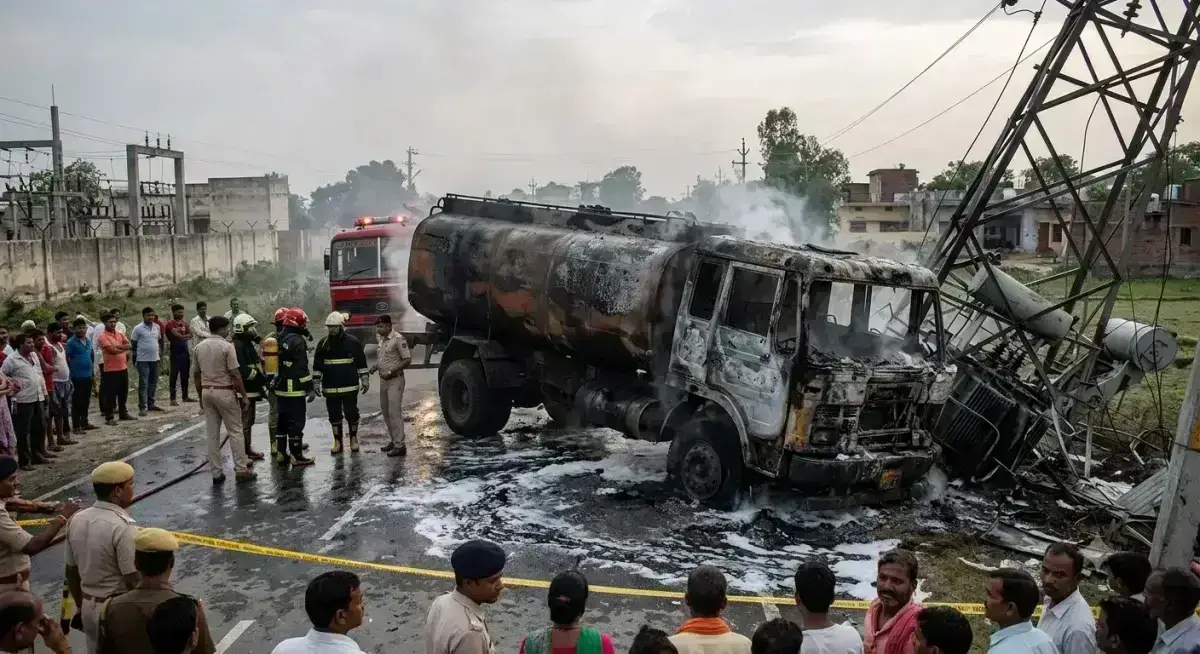 आजमगढ़ में दर्दनाक हादसा: ट्रांसफार्मर से टकराया ईंधन टैंकर, आग में जिंदा जले 3 लोग