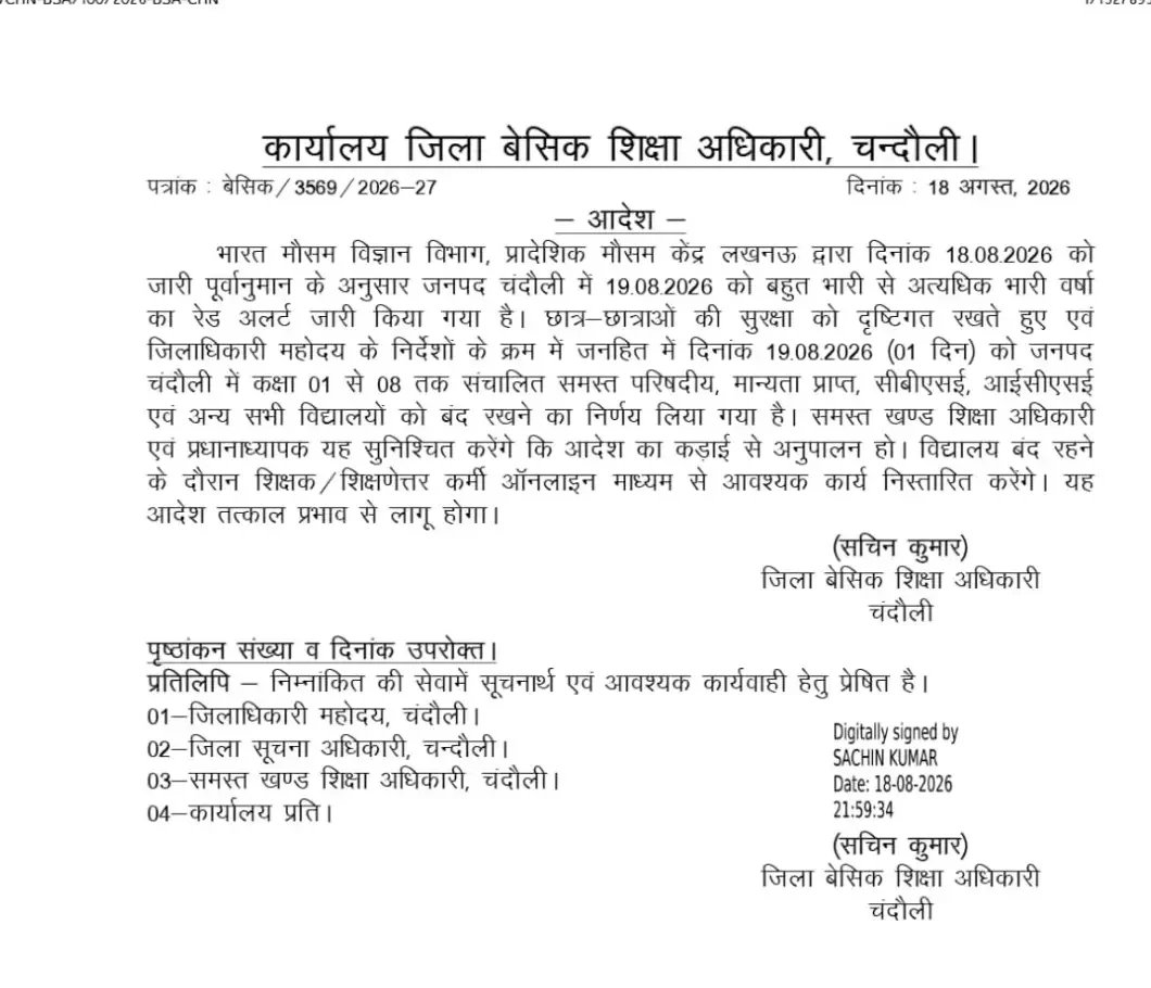 चंदौली में भारी बारिश का रेड अलर्ट: 19 अगस्त को सभी स्कूल रहेंगे बंद